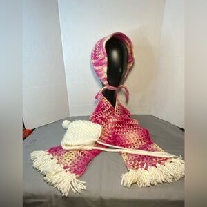 Vintage Handcrafted Crochet Scarf & hat Set, vintage popcorn stitch Girls Bonnet